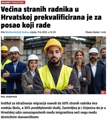 Većina stranih radnika u Hrvatskoj prekvalificirana je za posao koji rade