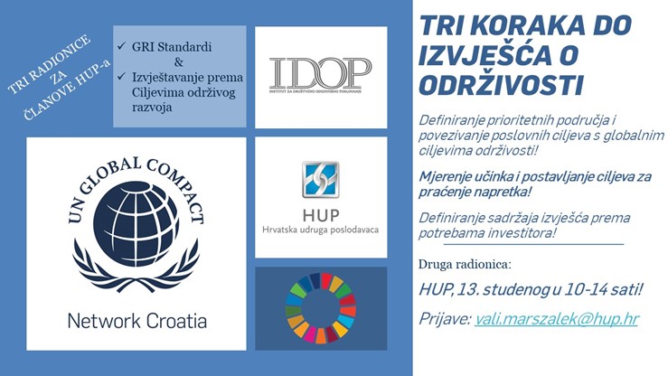 13.11.2019. Tri koraka do izvješća o održivosti - druga radionica o nefinancijskom izvještavanju, HUP, Radnička cesta 52/1, 10:00