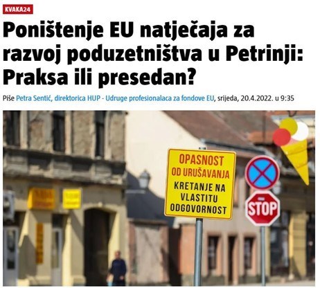 KOLUMNA: Poništenje EU natječaja za razvoj poduzetništva u Petrinji: Praksa ili presedan?