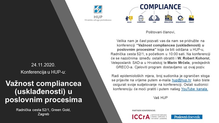 24.11.2020. Konferencija - uživo & online: Važnost compliancea (usklađenosti) u poslovnim procesima, HUP, Radnička cesta 52/1, Zagreb, 10:00