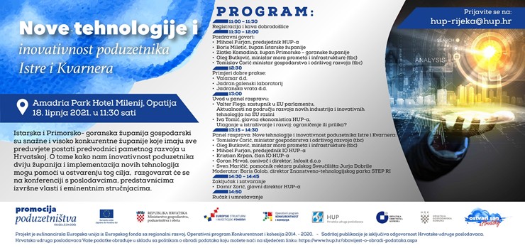 18.6.2021. Poziv na Izbornu Skupštinu HUP-a Rijeka i na konferenciju Nove tehnologije i inovativnost poduzetnika Istre i Kvarnera, petak